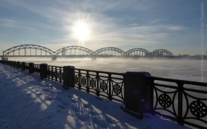 Railway Bridge over frozen Daugava River, Riga, Latvia