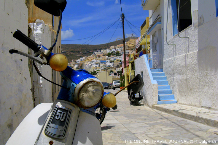 Scooter in the street in Syros, Cyclades Islands, Greece