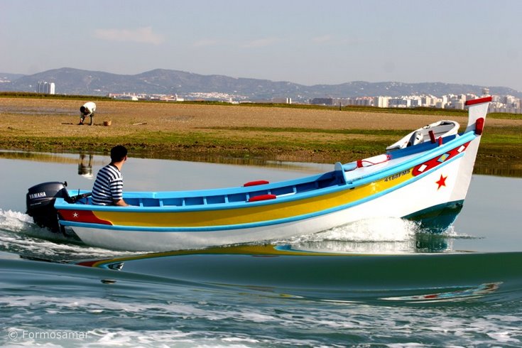 Traditional boat and man gathering shellfish, Ria Formosa. Portugal